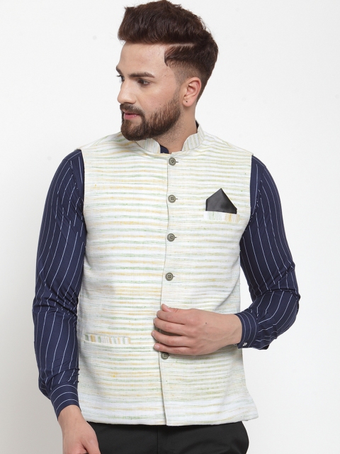 

KLOTTHE Men White & Green Striped Nehru Jacket