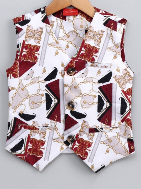 

JBN Creation Boys White & Maroon Printed Nehru Jacket