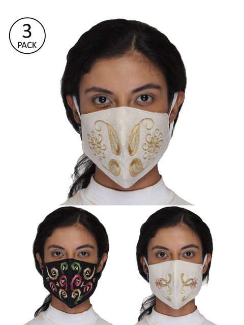 

Anekaant Women Pack of 3 3-Ply Embroidered Reusable Cloth Masks, Multi