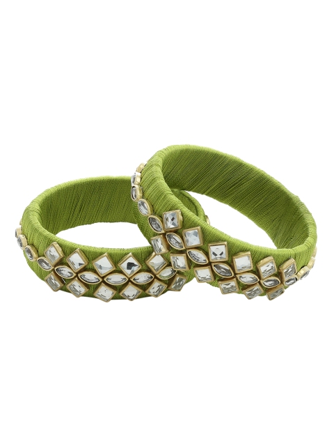 

AKSHARA Girls Set of 2 Green & White Kundan-Studded Handcrafted Silk Thread Bangles
