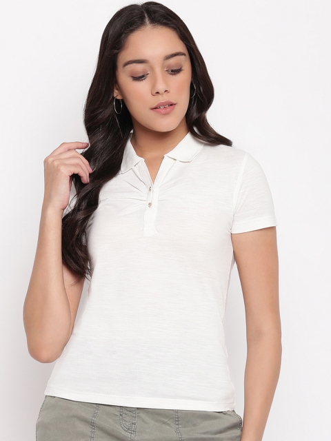 

Miss Grace Women Off-White Solid Polo Collar T-shirt