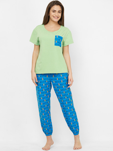 

Mystere Paris Women Green & Blue Printed Night suit
