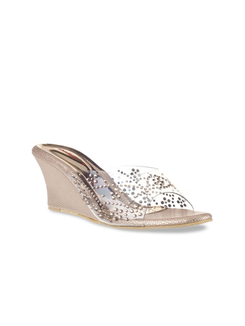 

Khadims Women Rose Gold-Coloured & Transparent Embellished Wedges