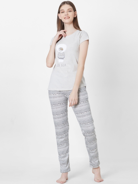 Women Grey Melange Printed Night suit
