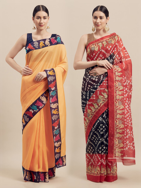 

Silk Bazar Peach & Navy Blue Pack of 2 Art Silk Printed Bhagalpuri Saree