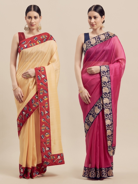 

Silk Bazar Beige & Pink Pack of 2 Art Silk Solid Bhagalpuri Saree