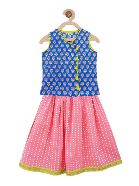 

Campana Pink Girls Blue & Pink Printed Ready to Wear Lehenga with Blouse