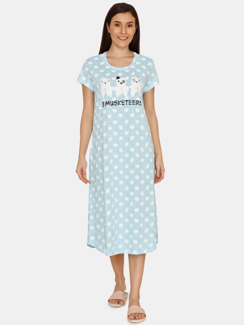 

Zivame Blue & White Conversational Print Pure Cotton Sleep Shirt