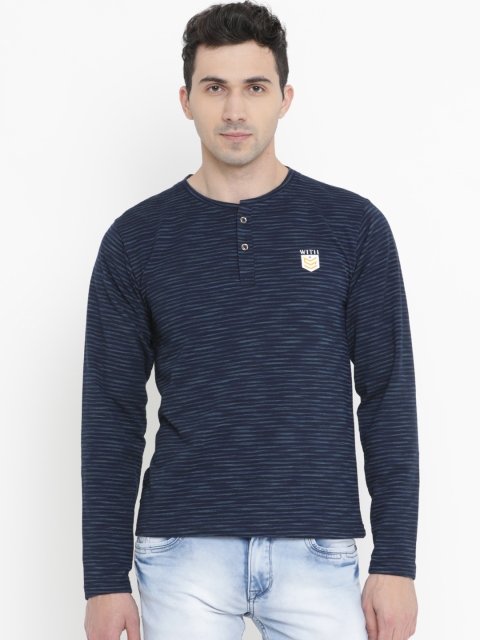 

WITH Men Blue Striped Slim Fit Henley Neck T-shirt