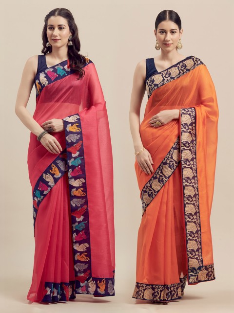 

Silk Bazar Pack of 2 Pink & Orange Art Silk Printed Bhagalpuri Sarees