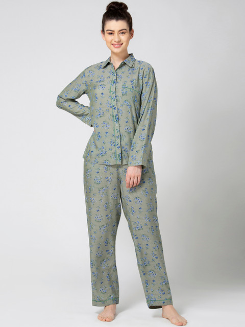 

ADORENITE Women Olive Green & Blue Floral Print Night suit