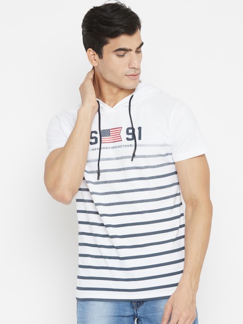 

Octave Men White & Grey Striped Hood T-shirt