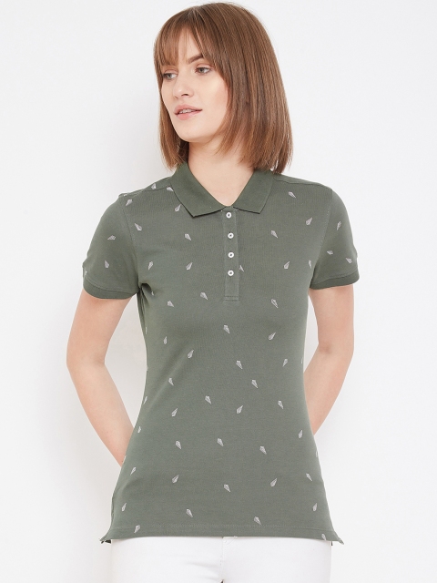 

METTLE Women Olive Green Printed Polo Collar T-shirt