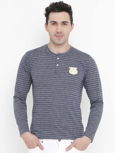 

WITH Men Blue & Grey Striped Henley Neck T-shirt