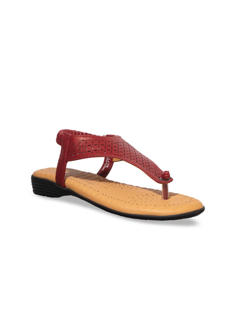 

Khadims Women Red Textured T-Strap Flats with Laser Cuts