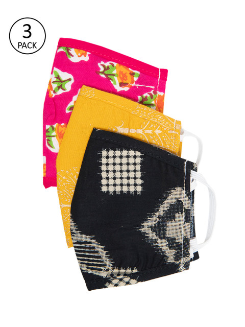 

Myshka Adults Pack of 3 Printed 3-Ply Reusable Cloth Masks, Yellow