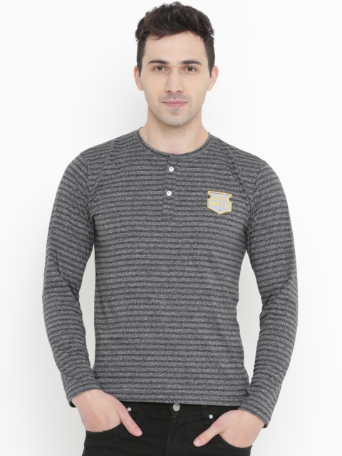 

WITH Men Black & Grey Striped Slim Fit Henley Neck T-shirt