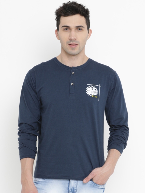 

WITH Men Blue & White Printed Slim Fit Henley Neck T-shirt
