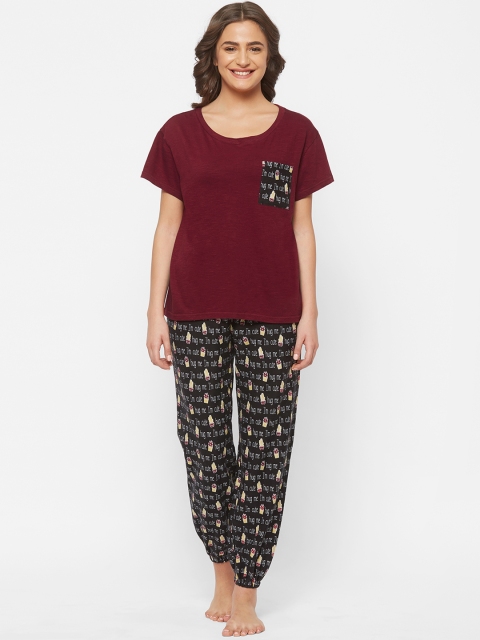 Mystere Paris Women Maroon & Black Printed Night suit