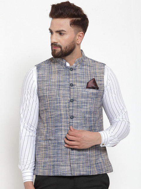

KLOTTHE Men Blue & Beige Woven Design Nehru Jacket