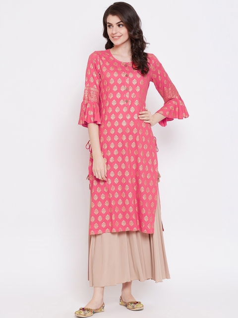 

Desi Rang Women Pink & Gold-Toned Solid Straight Kurta