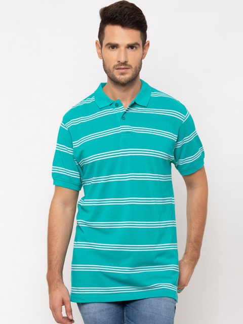 

Globus Men Green & White Striped Polo Collar T-shirt