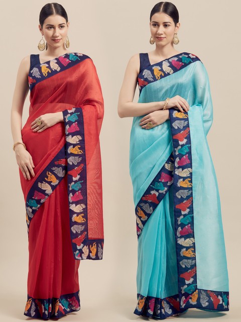 

Silk Bazar Red & Turquoise Blue Pack of 2 Art Silk Solid Bhagalpuri Saree