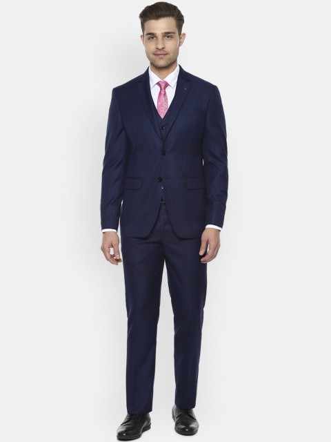 

Louis Philippe Men Navy Blue Checked Slim-Fit Three Piece Suit