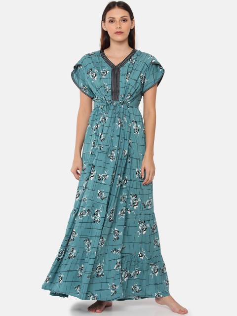 

GOLDSTROMS Women Teal Green & White Floral Print Nightdress