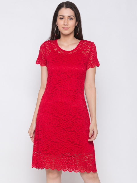

Globus Women Red Self Design Lace Sheath Dress
