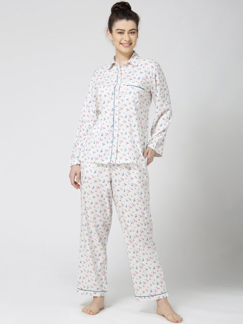 

ADORENITE Women White & Pink Floral Print Night suit