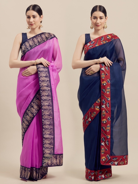 

Silk Bazar Pink & Navy Blue Art Silk Printed Bhagalpuri Saree