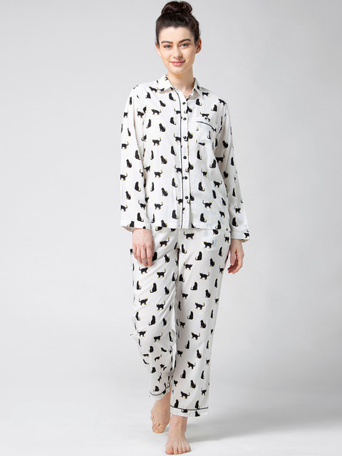 

ADORENITE Women White & Black Printed Night suit