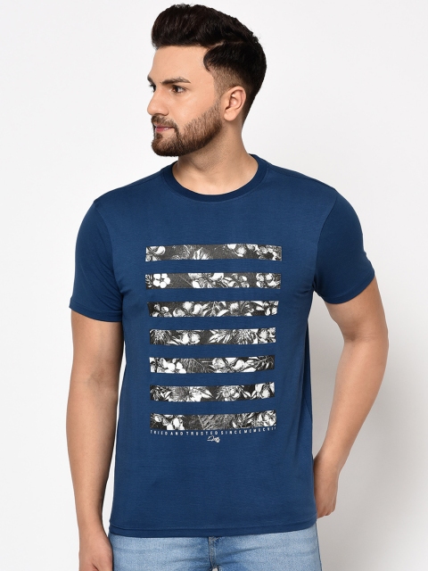 

98 Degree North Men Blue & White Floral Print Round Neck T-shirt