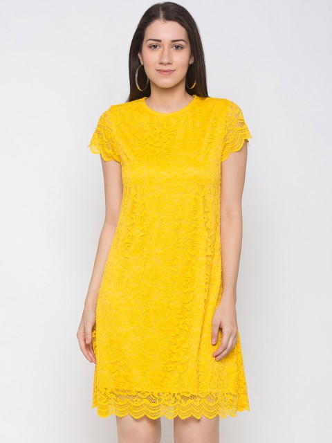 

Globus Women Mustard Yellow Self Design Lace Sheath Dress