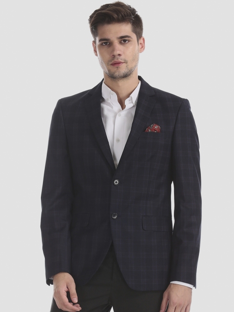 

AD By Arvind Men Navy Blue Checked Single-Breasted Formal Blazer