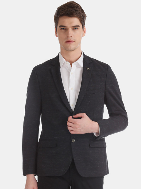 

AD By Arvind Men Black Heathered Slim-Fit Single Breasted Blazer