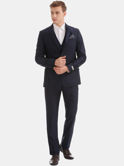 

AD By Arvind Men Blue Solid Regular-Fit Single-Breasted Three-Piece Formal Suit
