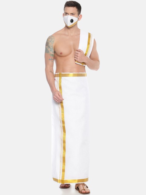 

Sethukrishna Men White Solid Readymade Dhoti & Angavastram With 3-Layer Anti-Dust Mask