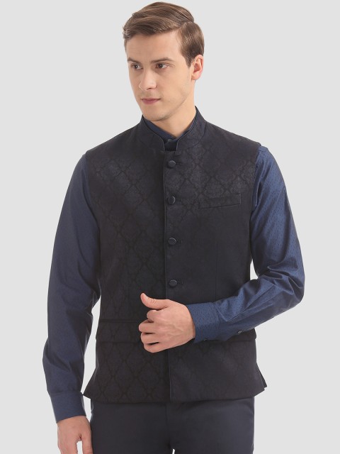 

AD By Arvind Men Black Printed Regular Fit Nehru Jacket