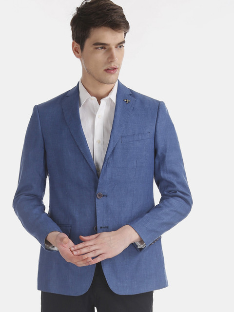 

AD By Arvind Men Blue Solid Linen Slim-Fit Single-Breasted Formal Blazer