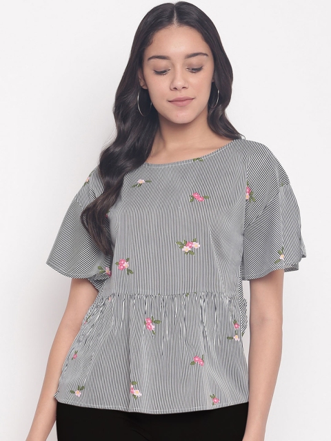 

Miss Grace Women Navy Blue & White Striped Floral Embroidered Peplum Top