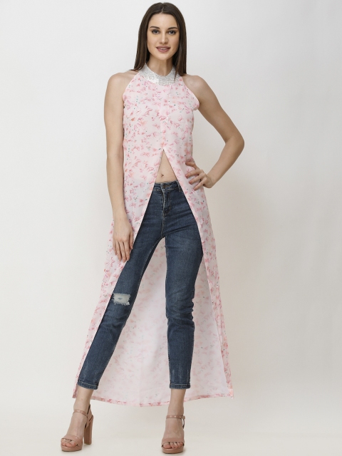 

Cation Women White & Pink Floral Printed Halter Neck Longline Top