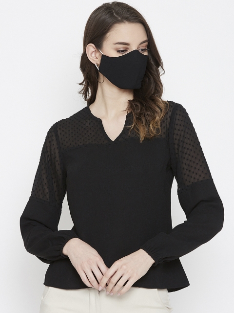 

Imfashini Women Black Self Design Regular Top & 2-Ply Cloth Mask