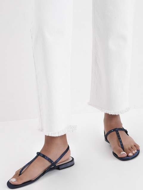 

CHARLES & KEITH Women Navy Blue Embellished T-Strap Flats