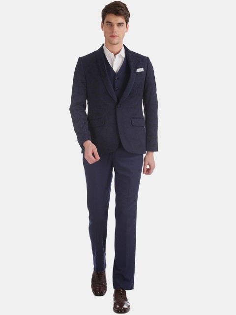 

AD By Arvind Men Navy Blue Self-Design Tuxedo Three-Piece Suit