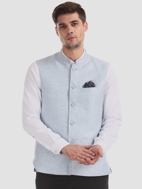 

Arvind Men Blue Textured Slim Fit Bandi Nehru Jacket