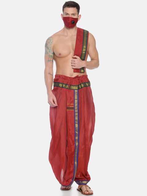 

Sethukrishna Men Maroon Solid Readymade Dhoti Pant & Angavastram With 3-Layer Anti-Dust Mask