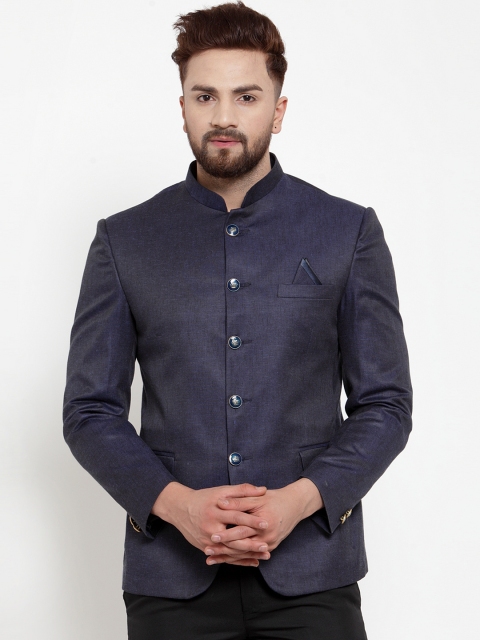 

KLOTTHE Men Navy Blue Solid Slim-Fit Bandhgala Blazer
