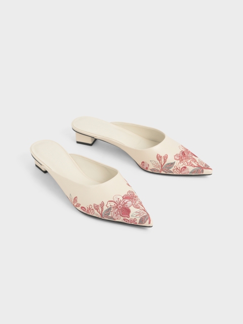 

CHARLES & KEITH Women Cream-Coloured & Pink Printed Mule Block Heels